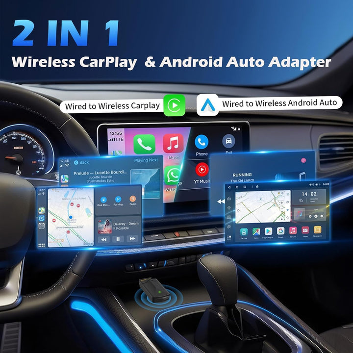 Wireless Android Auto & Carplay Wireless Adapter 2 IN 1, Convert Wired to Wire-less Carplay Dongle,