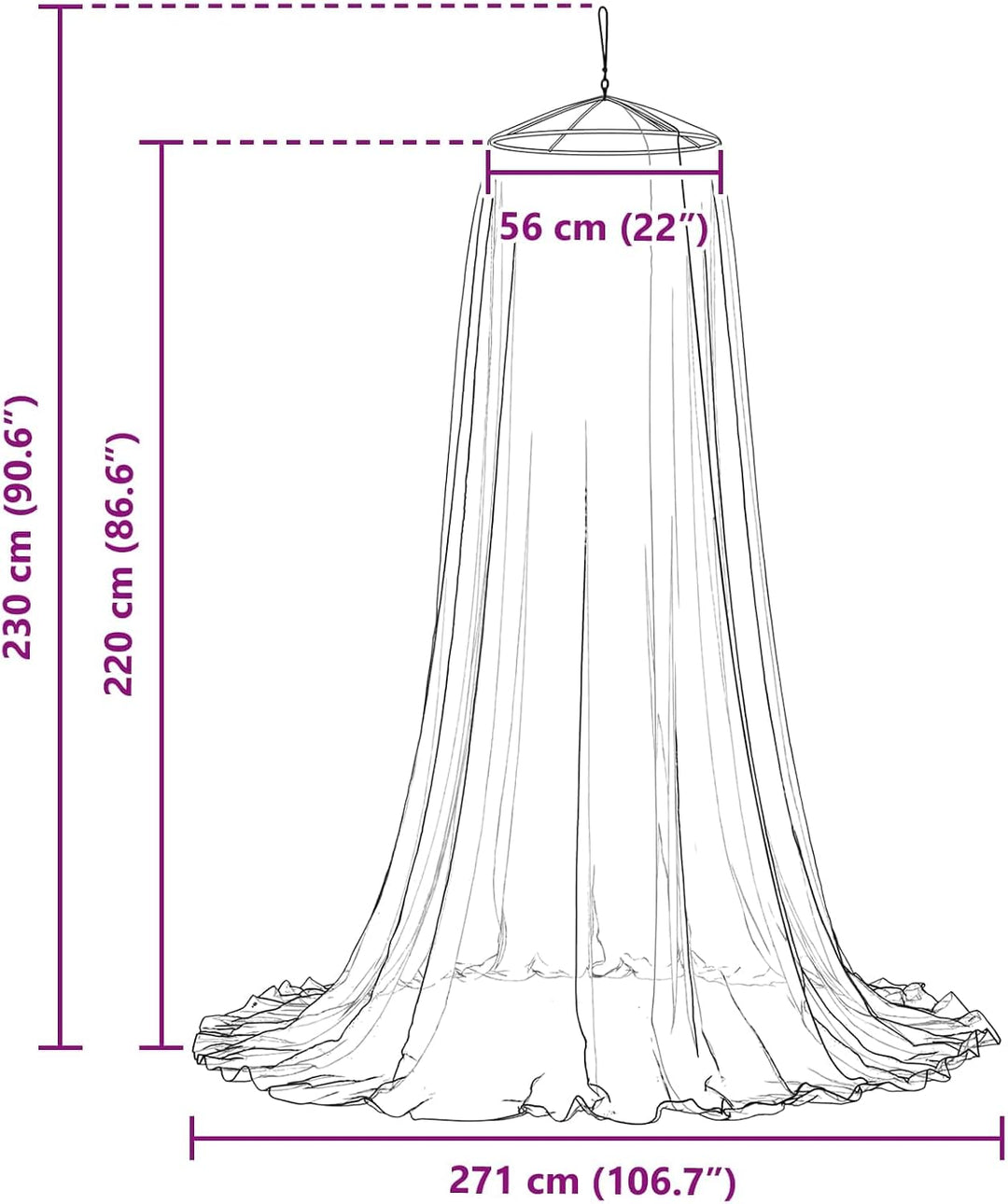 Moskito Netz für das Bett 3 STK. aus Polyester 156 Mesh Weiss, 56 cm Oben 220 cm hoch, mit genähtem