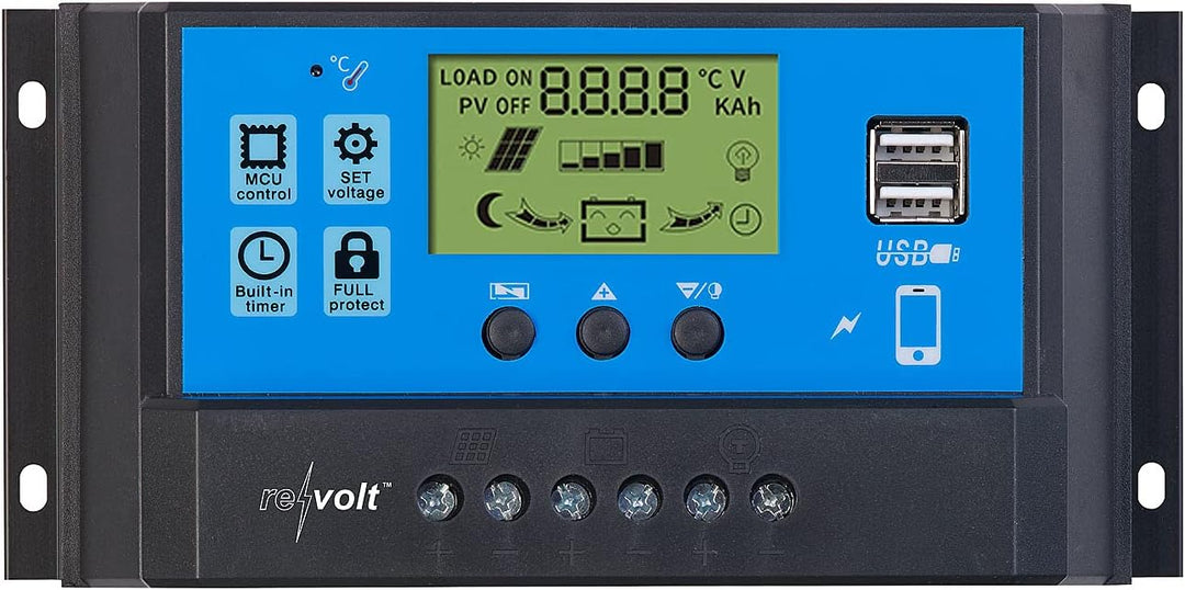 revolt Laderegler 12V: Solar-Laderegler für 12/24-V-Akkus, PWM-Lademodus, 2 USB-Ports, 40 A (Solar C