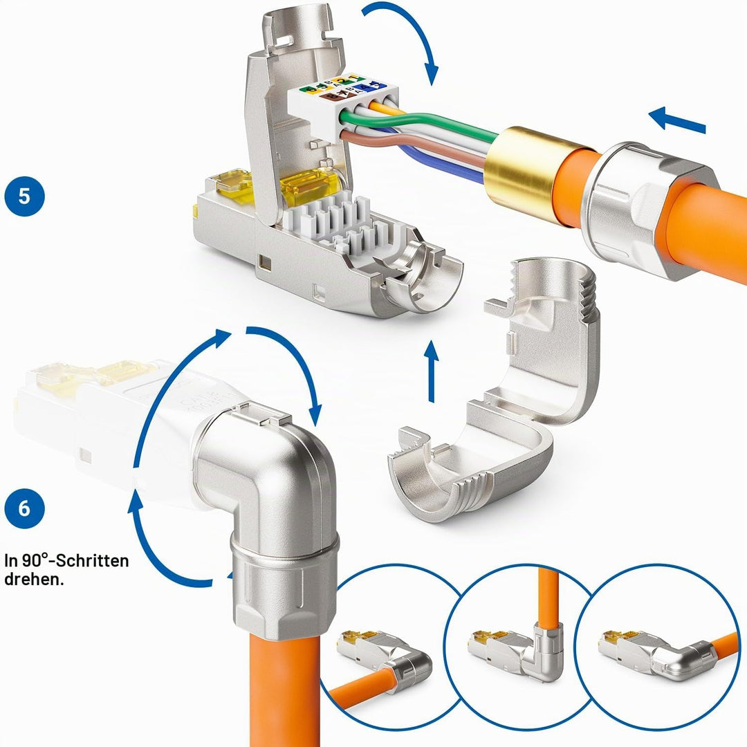 deleyCON 8x CAT 8 Netzwerkstecker 90° Winkel Stecker RJ45 Werkzeuglos Geschirmt 40 Gbit/s Netzwerk S
