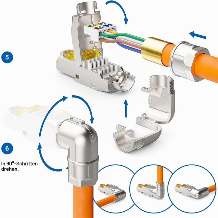 deleyCON 8x CAT 8 Netzwerkstecker 90° Winkel Stecker RJ45 Werkzeuglos Geschirmt 40 Gbit/s Netzwerk S