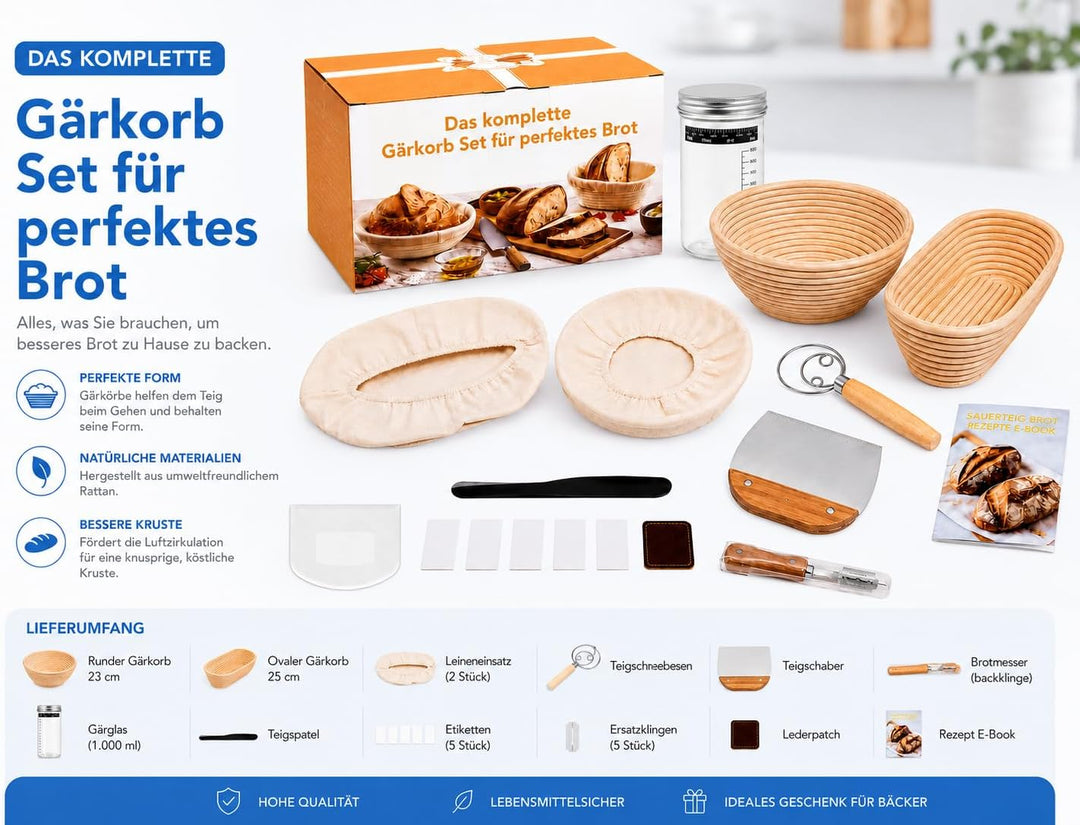 Brot Gärkorb Set, Gärkörbchen zum Brotbacken,2 Gärkorb (25cm Ovale & 23cm Runde), 700ML Sauerteig Gl