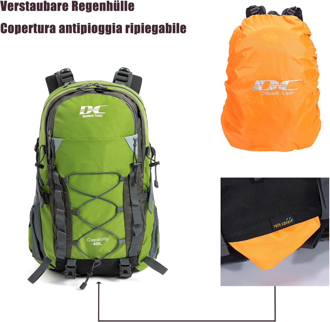 Wanderrucksack 40l Damen Herren Rucksack Wasserdicht Reiserucksack mit Regenschutz Laubgrün, Laubgr&