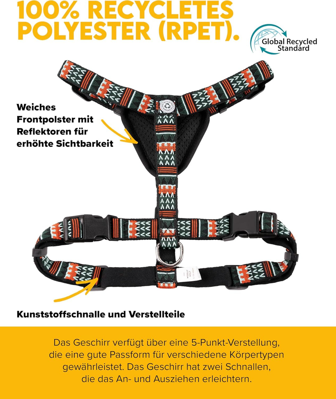 Woolly Wolf Woodland Hundegeschirr für grosse Hunde L – Geschirr mit Reflektoren & 5-Punkt-Anpassuns
