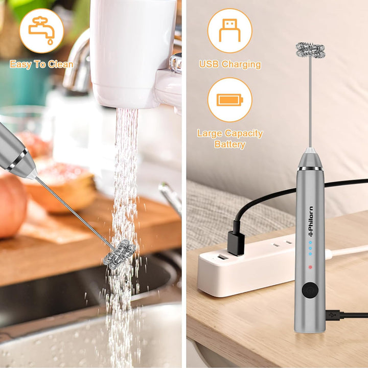 Philorn Milchaufschäumer Stab, Milchaufschäumer Elektrisch Stab Hand Held, 3-Gang USB Aufladbar Aufs