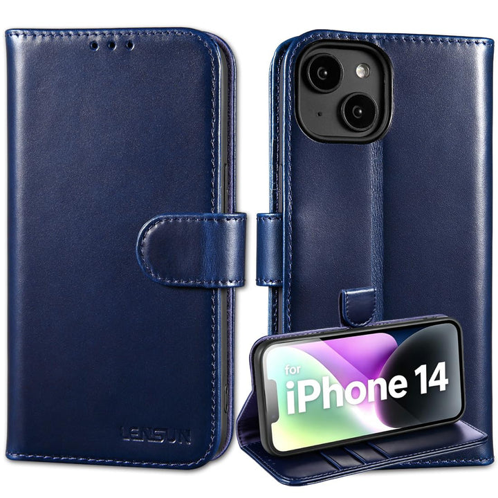 LENSUN Lederhülle für iPhone 14, Echtleder Hülle Klapphülle [Echtes Leder][Bookstyle][RFID-Blocker]