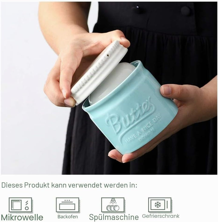 DOWAN Butterdose Keramik, Französische Butterdose mit Deckel, Wassergekühlte Butterdose mit Wasserli