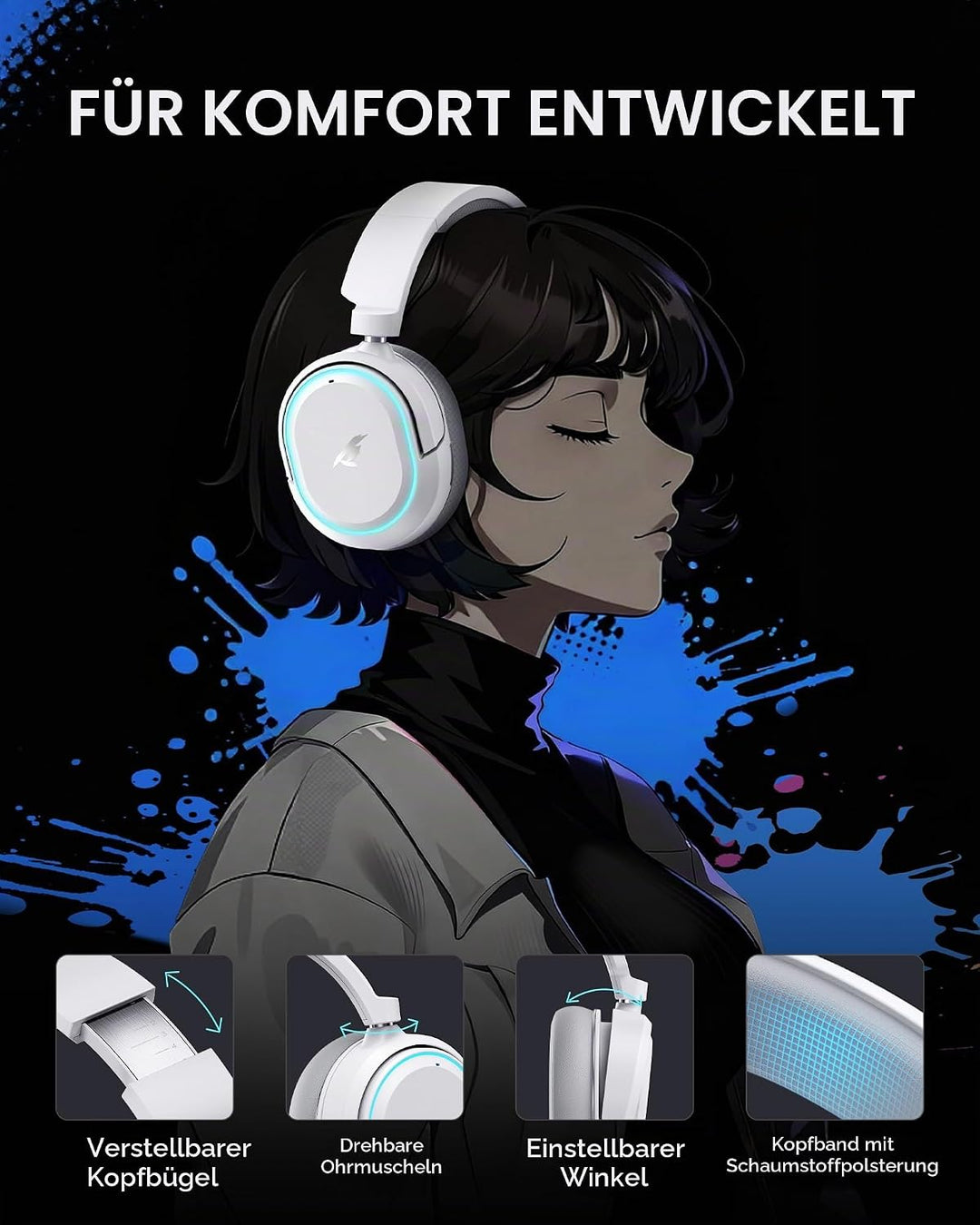 Picun G2 Wireless Gaming Headset, Over-Ear 7.1 Virtual Surround Sound, 2.4GHz/Bluetooth 5.4/Wired, 5