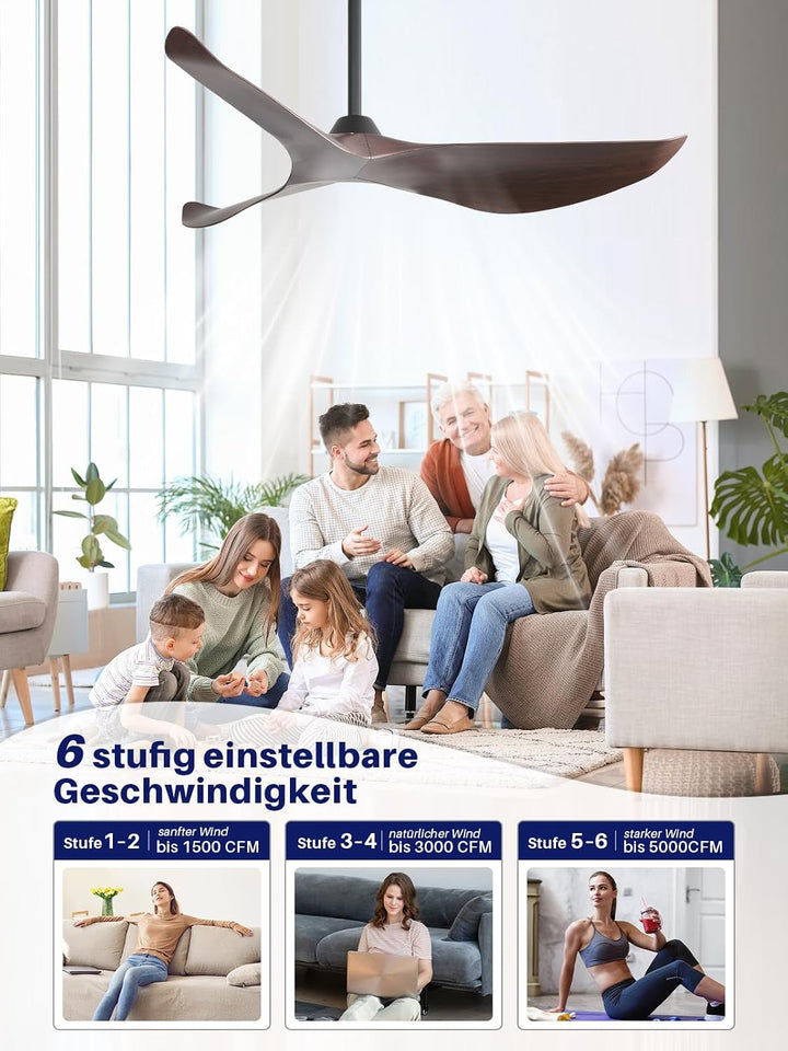 Sofucor Deckenventilator mit Fernbedienung,132cm Leise Deckenventilator ohne Licht, DC Motor, Timer,