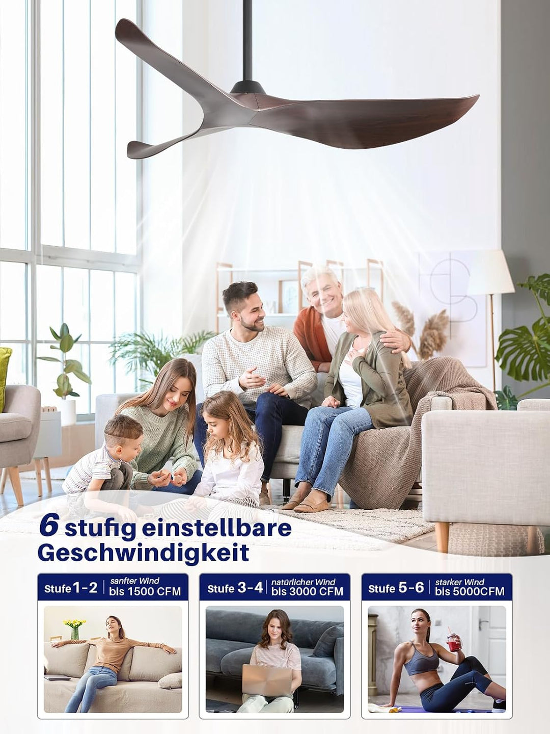 Sofucor 97cm Deckenventilator mit Fernbedienung, Leise Deckenventilator ohne Licht, DC Motor, Timer,