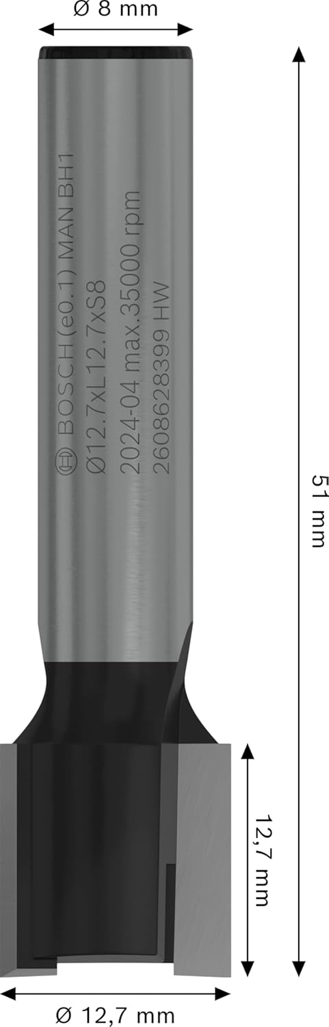 Bosch Professional Zubehör 2 608 628 399 Nutfräser 8 mm, D1 12,7 mm, L 12,7 mm, G 50,8 mm Ø 12,7 mm