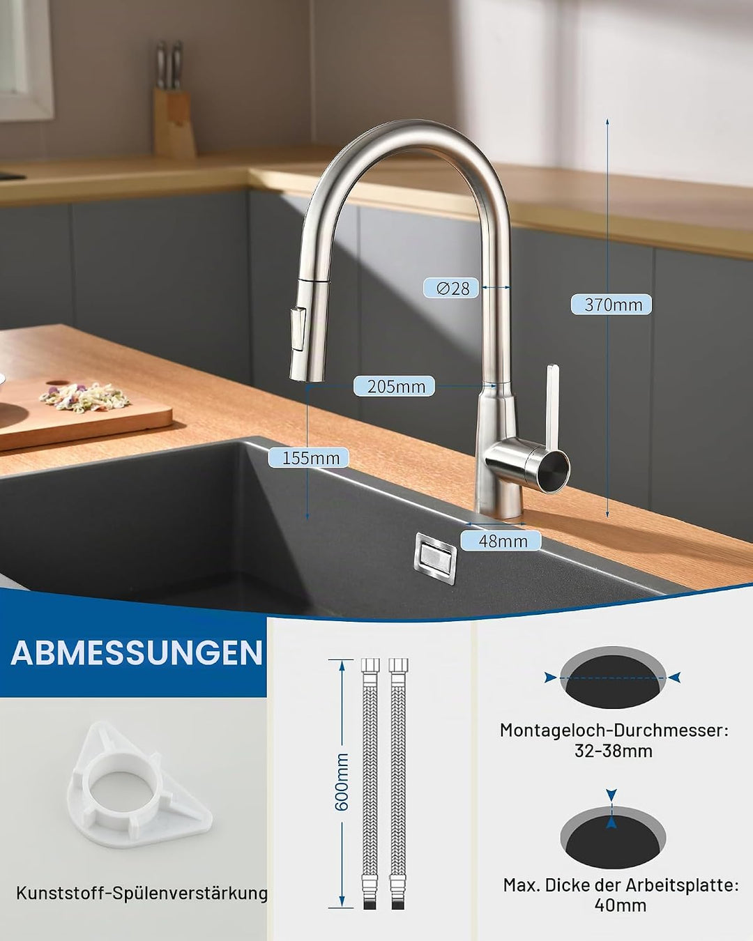 Wasserhahn Küche Ausziehbar, Hochdruck Küchenarmatu mit Herausziehbarer Brause Armatur, Mischbatteri