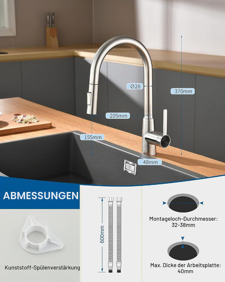 Wasserhahn Küche Ausziehbar, Hochdruck Küchenarmatu mit Herausziehbarer Brause Armatur, Mischbatteri