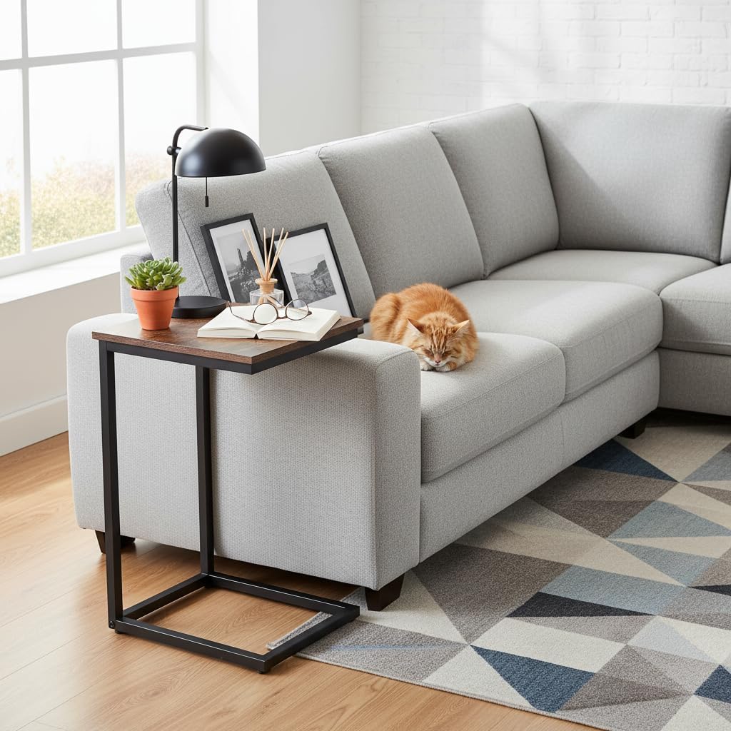 AMHANCIBLE Beistelltisch, C Form Sofa Tisch, Holz Kaffeetisch, Kleiner Couchtisch Höhenverstellbar,