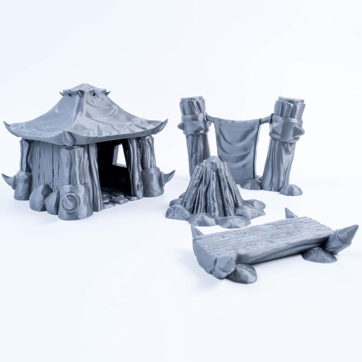 Orc Camp Set: Rustikale Kabine, Kampfbanner, gemütliches Lagerfeuer und Holzbank – 28/32 mm Massstab