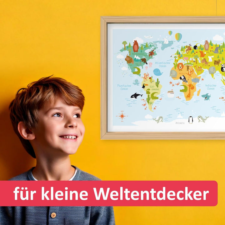 nikima - Kinder Weltkarte modern in 3 Grössen A3/A2/A1 Poster Plakat Tiere Erde Wandbild Kinderzimme