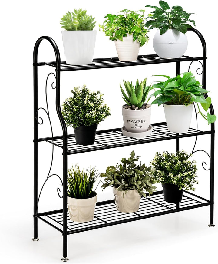 GOPLUS 3 Ebenen Metall Pflanzenständer, Blumentreppe Outdoor, Blumenregal Pflanzentreppe für Garten