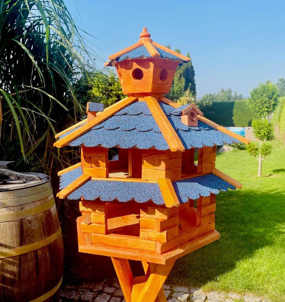 DARLUX Vogelvilla wetterfest von L bis XXL Futterhaus Vogelhaus mit oder ohne Ständer in Braun mit R
