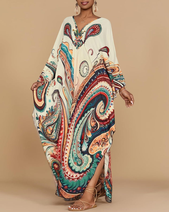 Bsubseach Damen Kaftan Kleider Batwing Sleeve Strandkleid V-Ausschnitt Caftan Maxi Kleid Sommer A-be