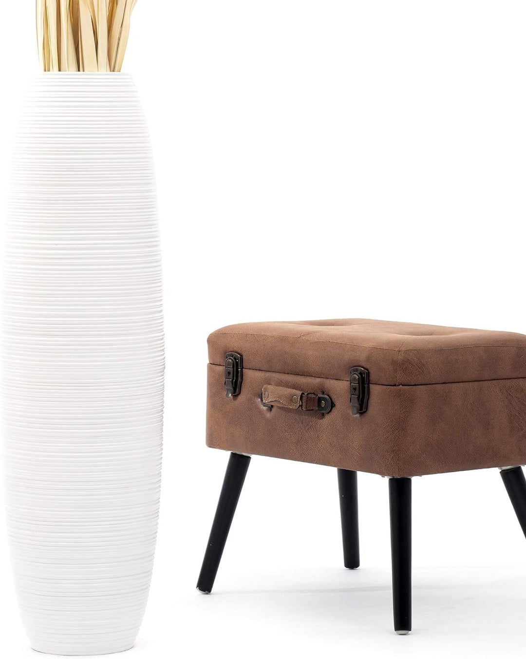 Leewadee Grosse Bodenvase für Dekozweige hohe Standvase Design Holzvase, Holz, 90 cm, Weiss 90 cm We