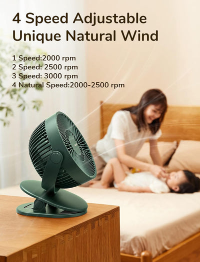 JISULIFE Mini USB Ventilator, Clip Akku Tischventilator Sehr Leise Klein mit 4000mAh Batterie, 4 Ges