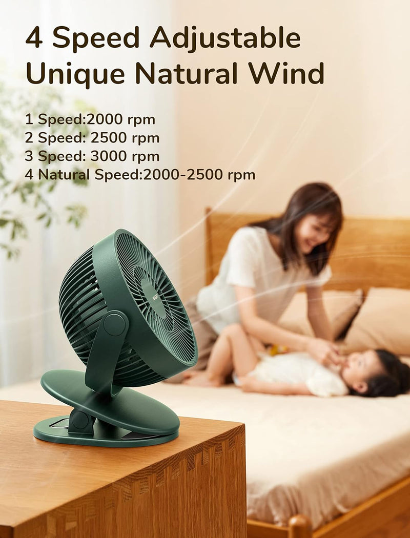 JISULIFE Mini USB Ventilator, Clip Akku Tischventilator Sehr Leise Klein mit 4000mAh Batterie, 4 Ges
