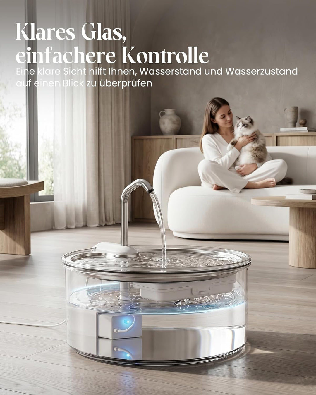 Tomxcute Trinkbrunnen für Katze - 108oz/3,2 L Katzenbrunnen aus Glas mit Wasserhahn-Design, Ultra le