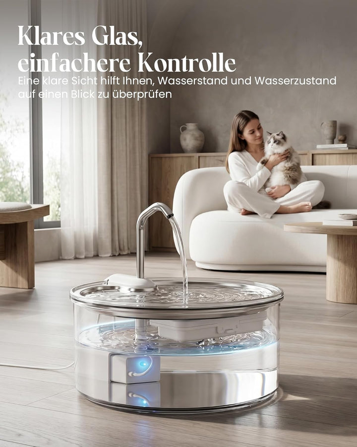 Tomxcute Trinkbrunnen für Katze - 108oz/3,2 L Katzenbrunnen aus Glas mit Wasserhahn-Design, Ultra le