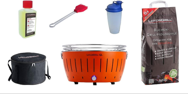 LotusGrill XL Starter-Set 1x XL Grill Mandarinenorange mit USB-Anschluss, 1x Buchenholzkohle 2,5 kg,