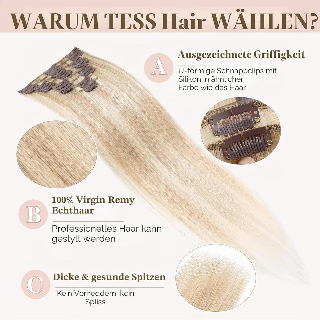 TESS Clip in Extensions Echthaar Blond, Echthaar Extensions Clip 8pcs 25 cm (50 g) Hair Extensions C