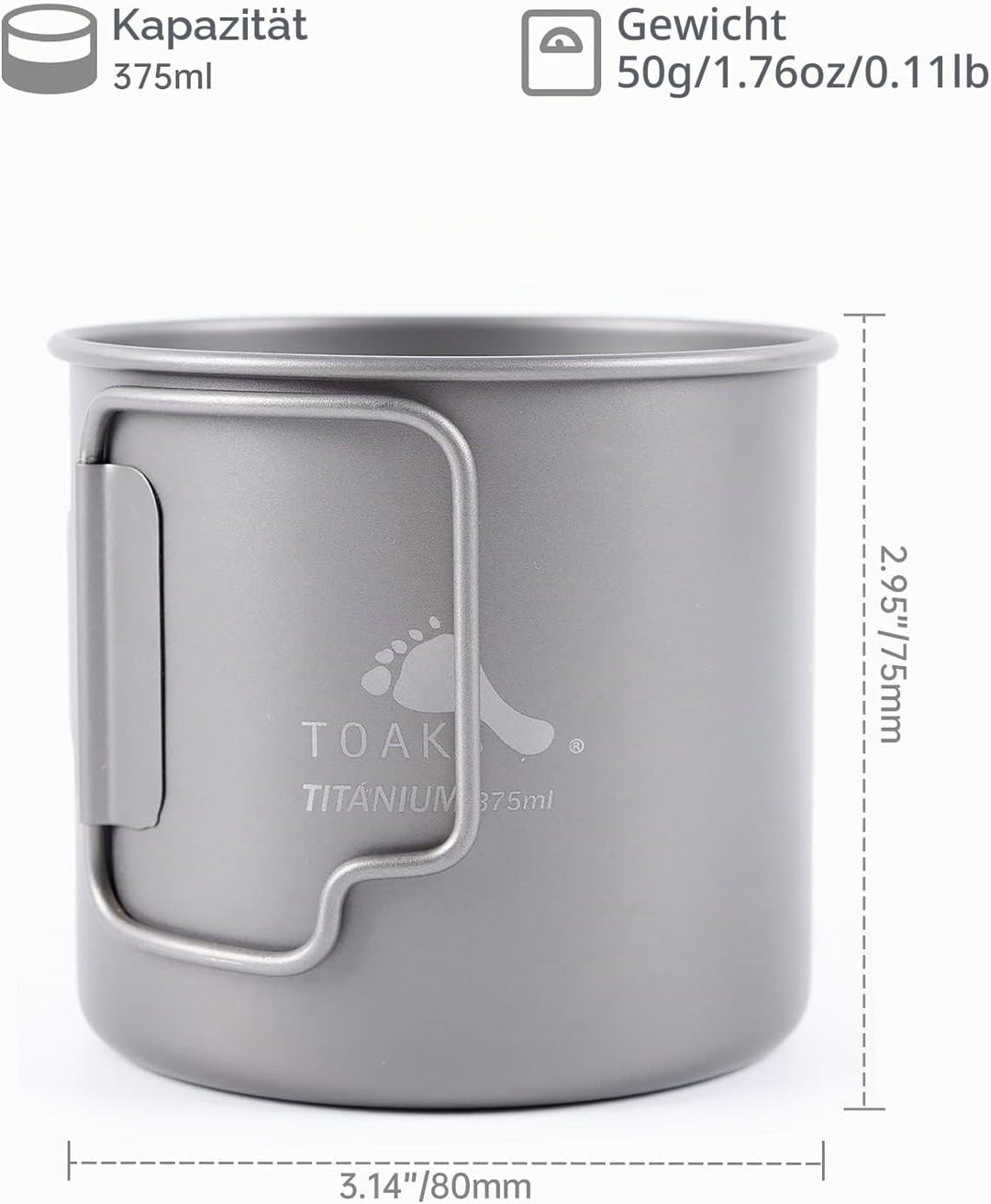 TOAKS Titan Tasse Camping Becher Rucksackreisen Topf Outdoor Picknick Wandern Titanium Geschirr (375