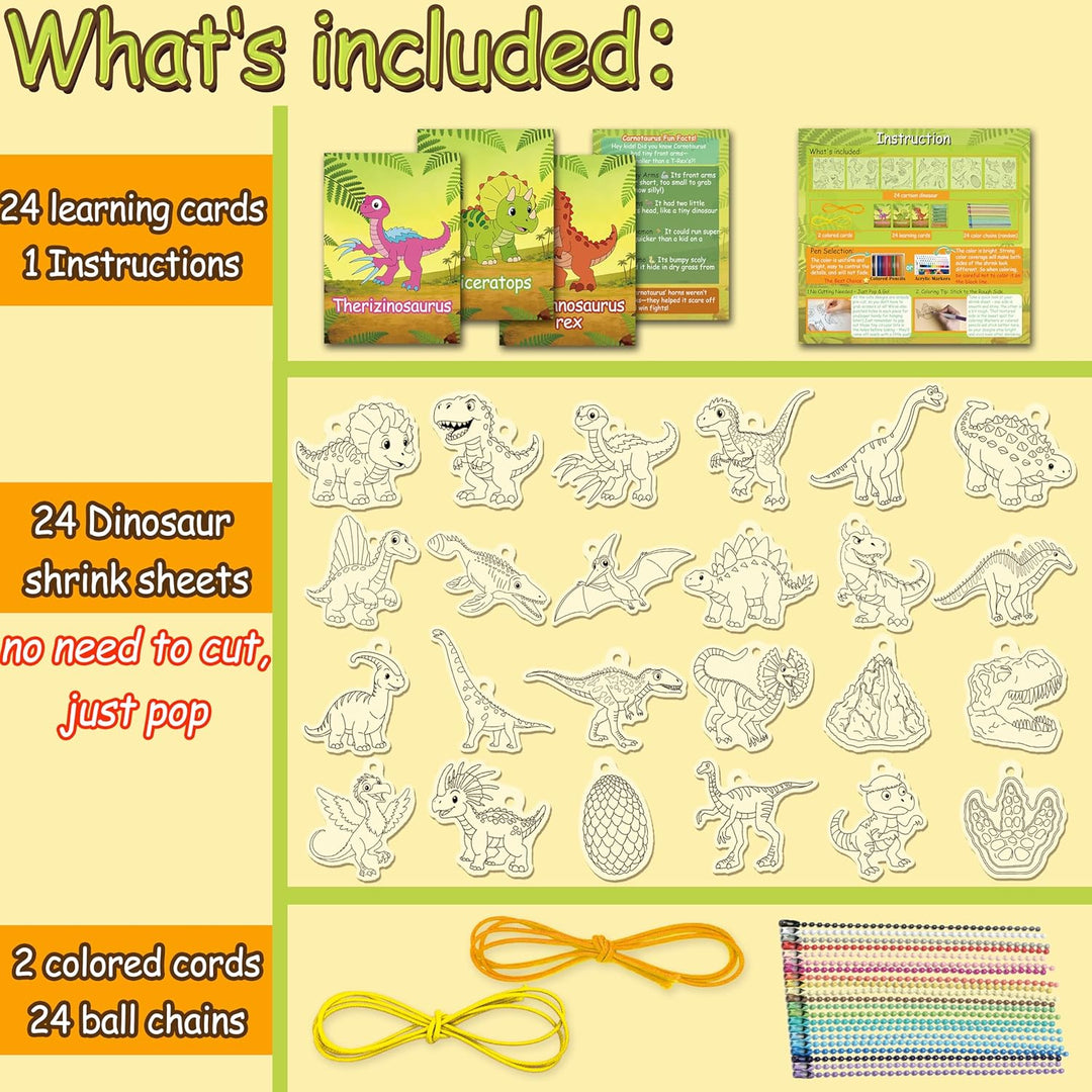 75 PC Dinosaurier Schrumpffolie Bastelset für Kinder - 24 Stück Dino-Motive mit 24 Lernkarten, 24 Pe