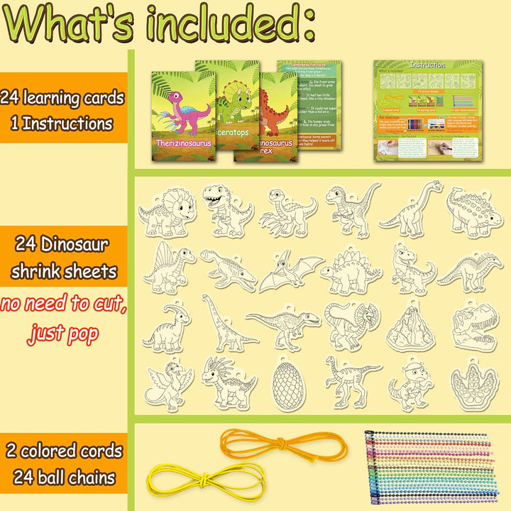 75 PC Dinosaurier Schrumpffolie Bastelset für Kinder - 24 Stück Dino-Motive mit 24 Lernkarten, 24 Pe