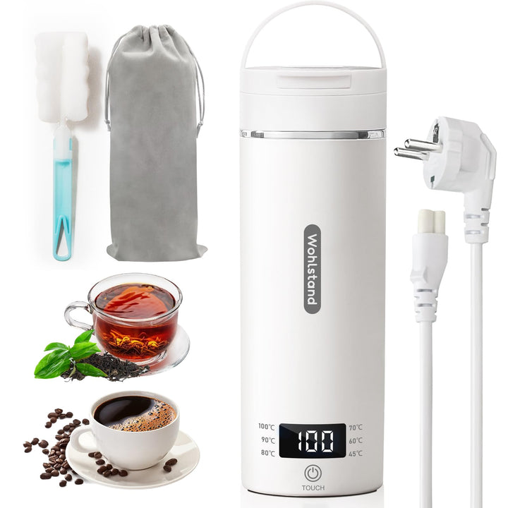 Reisewasserkocher Tragbar 500ml - Elektro-Thermobecher aus 304 Edelstahl (Weiss) - 300W Schnellaufhe