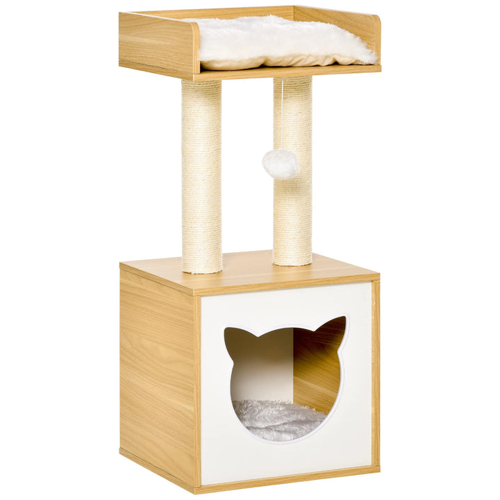 PawHut Katzenhöhle mit Waschbarem Kissen für Katzen 35 x 35 x 81 cm Eiche | Katzenbett, Plattform, K