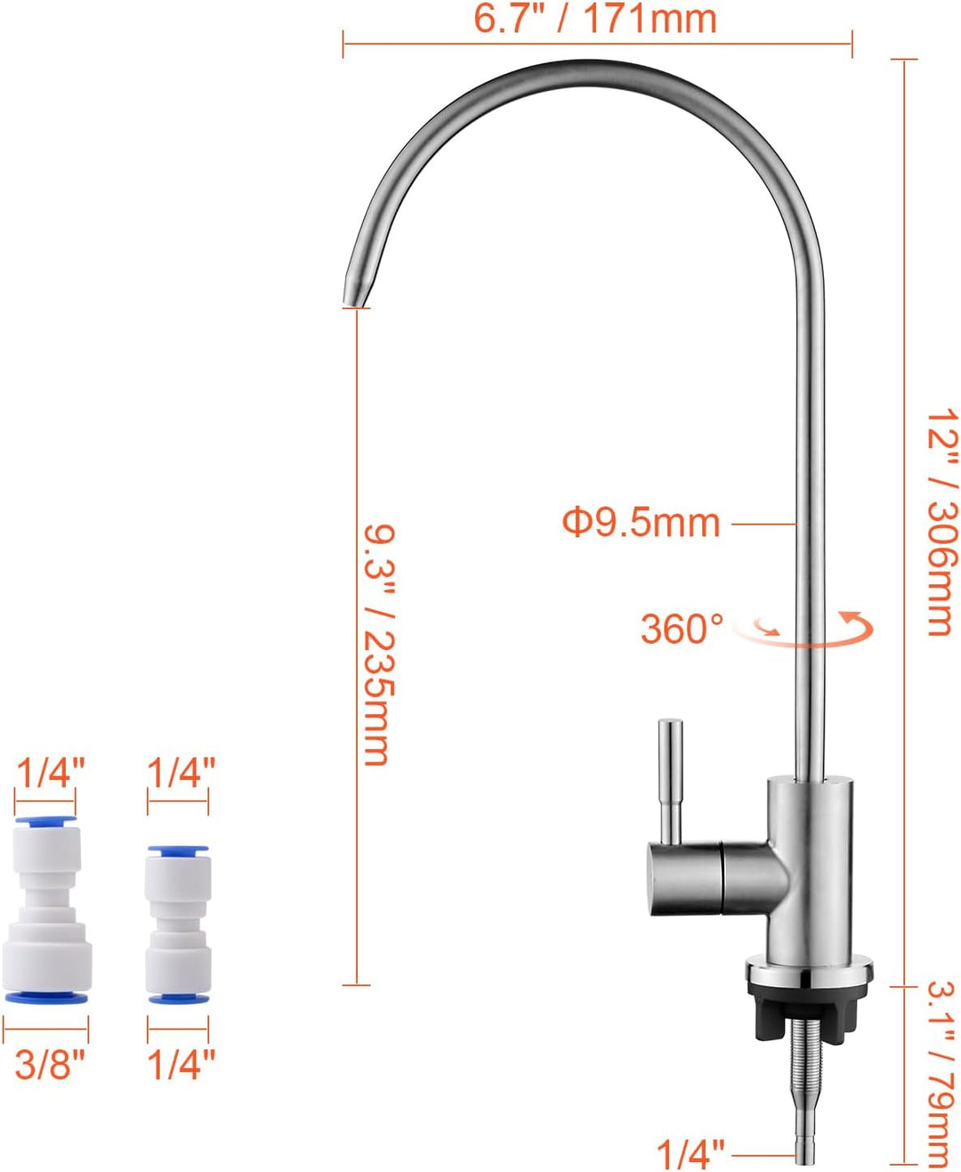 Ibergrif Umkehrosmose (RO) Wasserhahn für 1/4" und 3/8" Zoll, Osmoseanlage Spültischbatterie Wasserf