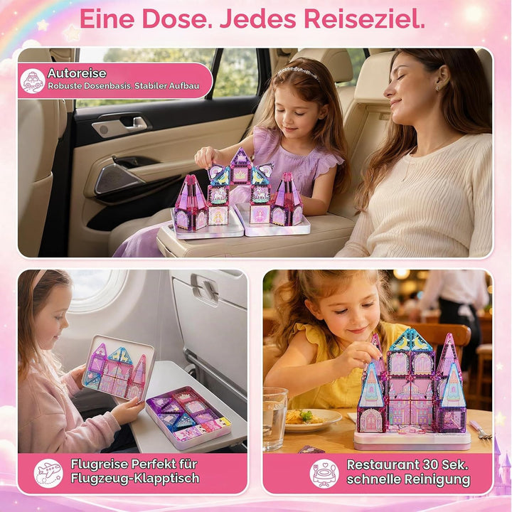 Magnetische Bausteine Reisespielzeug für Mädchen: 42pcs Prinzessin &amp; Einhorn Tiles in Tragbarer Meta