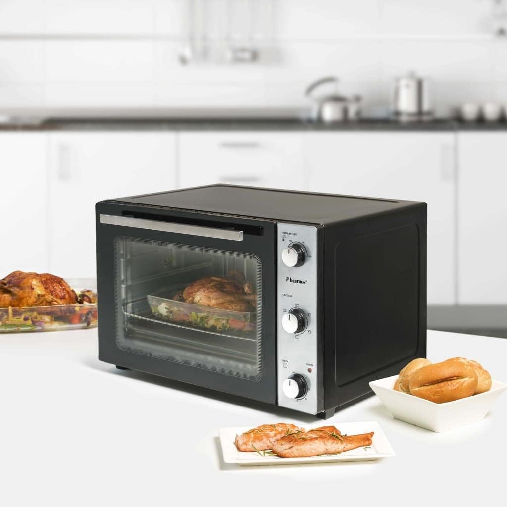 Bestron AOV55 2-in-1 Mini-Backofen mit Drehspiess, 55 Liter, 2000 W, Edelstahl, Schwarz 55 Liter Min