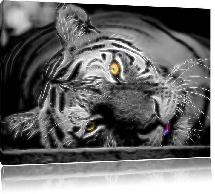 ruhender Tiger schwarz/weiss Deluxe Format: 100x70 cm auf Leinwand, XXL riesige Bilder fertig gerahm