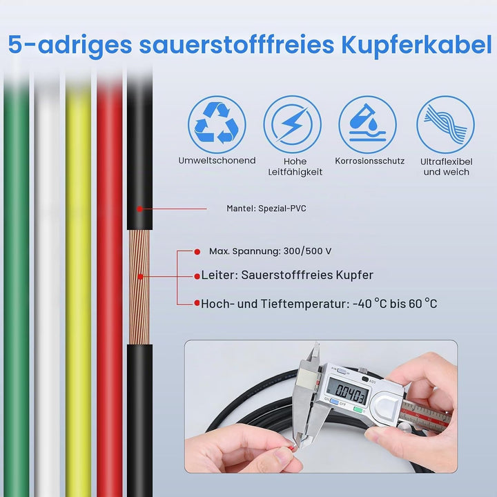5 Adriges 0,5mm² 5 Meter Fahrzeugkabel – Mehradriges Anhängerkabel, Runder Erdleiter, Schwarz, für W