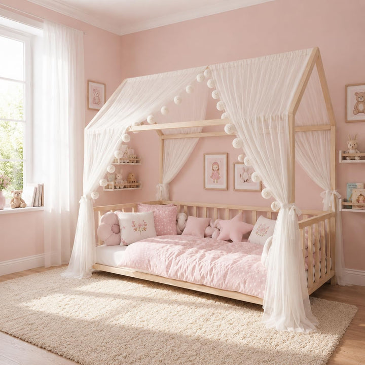 Baby Fancyroom Betthimmel für Hausbett, Bettvorhang aus Tüll, Beige, 2er Set mit Schleifen und Pompo