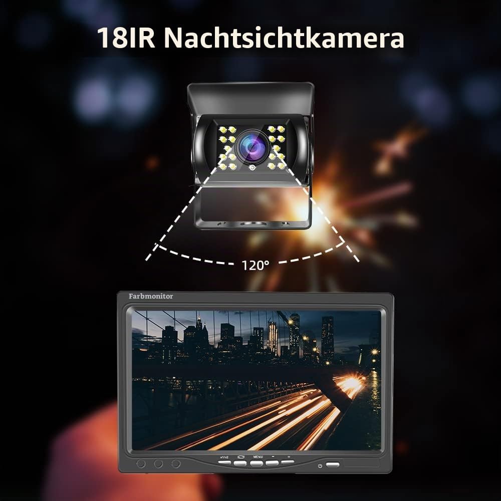 Hodozzy Rückfahrkamera-Set mit 7-Zoll-HD-Monitor, IP68 wasserdichte 18 IR Nachtsicht-Auto-Backup-Kam
