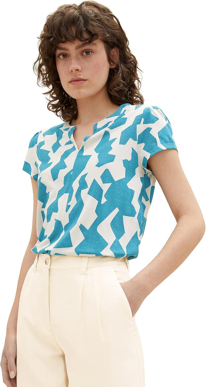 TOM TAILOR Damen Blusen T-Shirt mit Muster S 32146 - Petrol Big Abstract Design, S 32146 - Petrol Bi