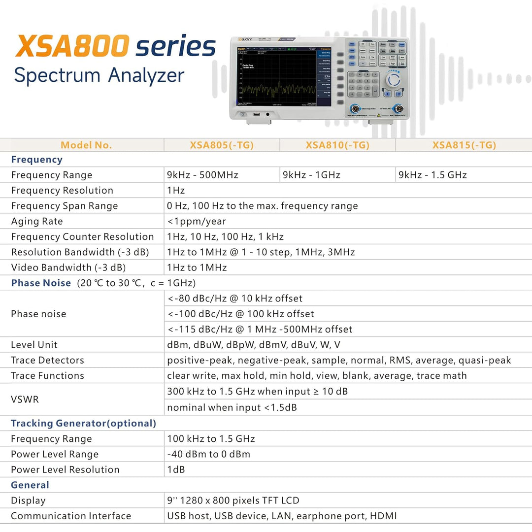 OWON XSA805-TG 9-Zoll-LCD-Spektrumanalysator mit Tracking-Generator, Frequenzbereich 9 kHz bis 500 M