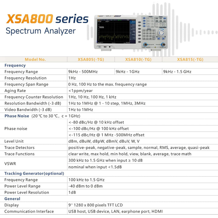 OWON XSA805-TG 9-Zoll-LCD-Spektrumanalysator mit Tracking-Generator, Frequenzbereich 9 kHz bis 500 M