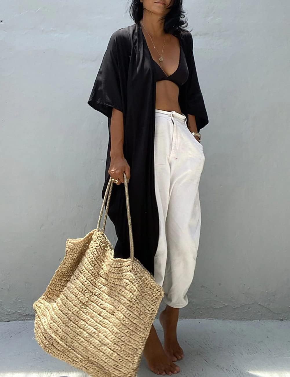 Bsubseach Damen Lange Strand Strandponcho für Bademode Sexy Bikini Beach Kimono Strickjacke A-schwar