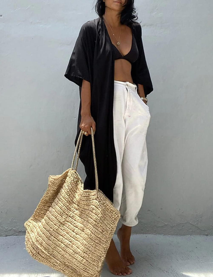 Bsubseach Damen Lange Strand Strandponcho für Bademode Sexy Bikini Beach Kimono Strickjacke A-schwar
