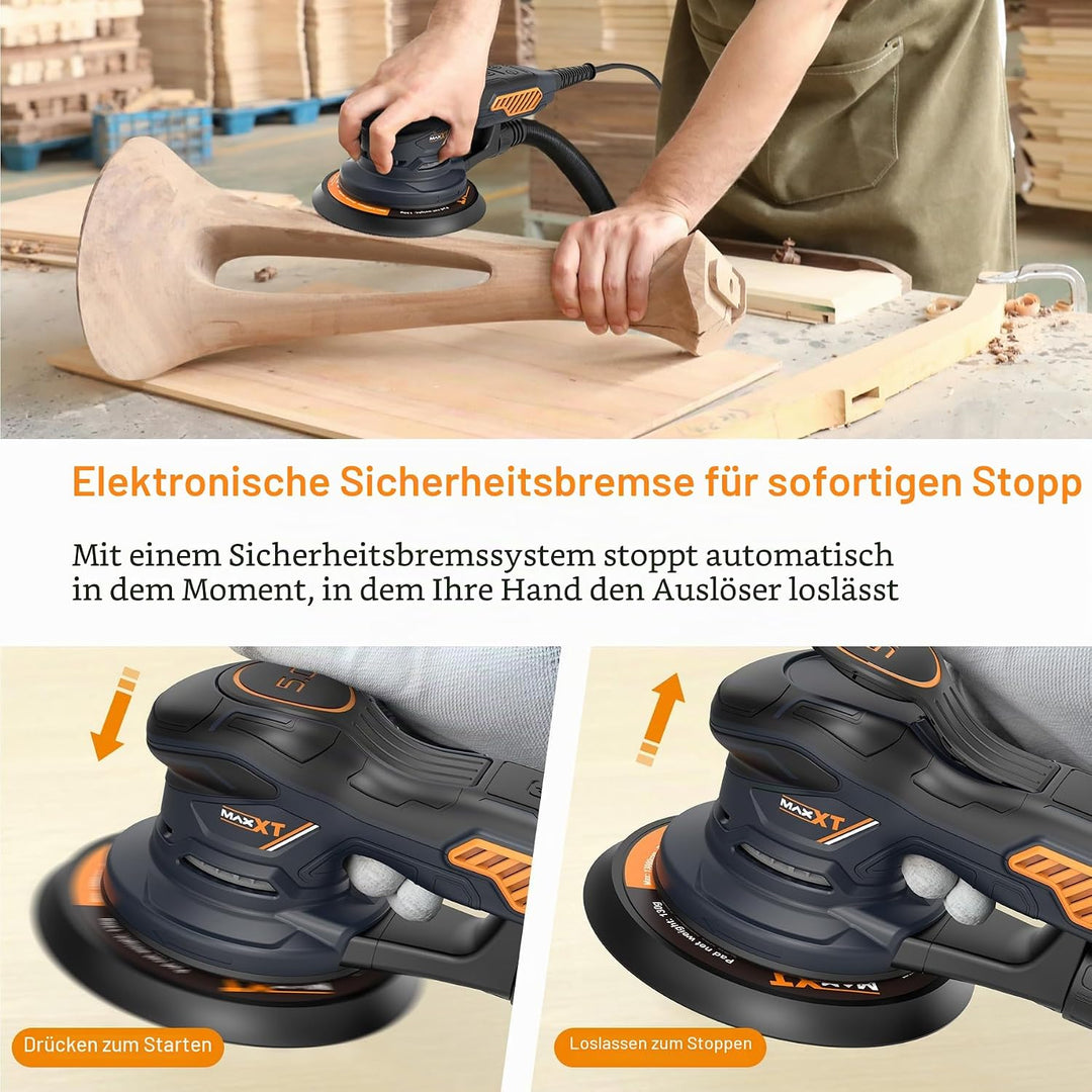 MAXXT Bürstenlos Orbital-Schleifer für 6-Zoll-Papiere, Elektro-Random-Orbital-Schleifer mit 10000 U/