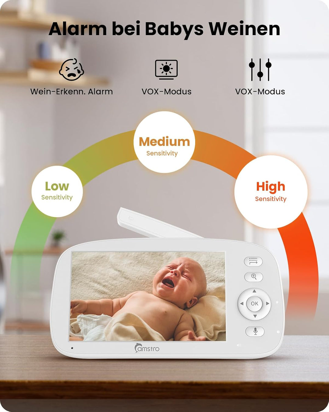 Babyphone mit 2 Kameras, 5000 mAh Akku mit 5 Zoll Bildschirm, 355° Schwenken- 4X-Zoom, Babyfone ohne