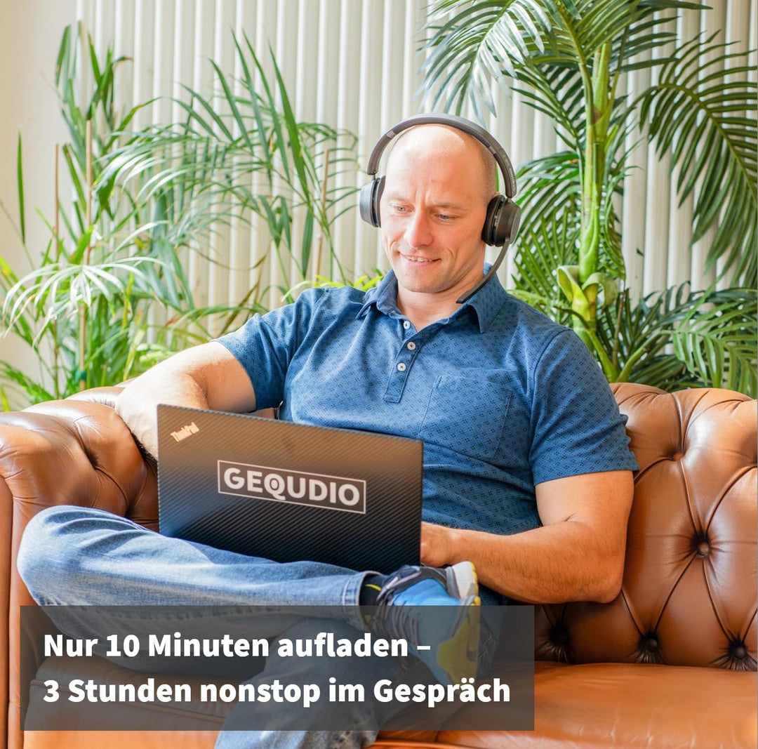 GEQUDIO Bluetooth Headset mit Mikrofon aus Berlin – kabellos Kopfhörer PC Mac Laptop – GB2+ Ladestat